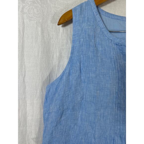 Talbots Dress 14 PETITE Blue Linen Pleated Buttons Stripe Detail Lined - Picture 4 of 10